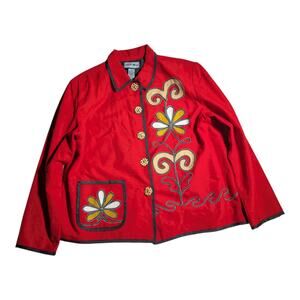 Vtg 1990s Indigo Moon Red Black Piped Floral Embroidered Button Up Jacket Sz L